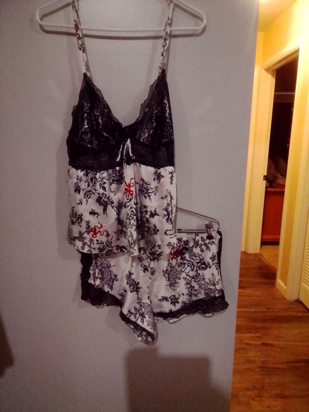 Victoria's Secret Black Lace & White Floral Satin Cami and Short Pajama Set